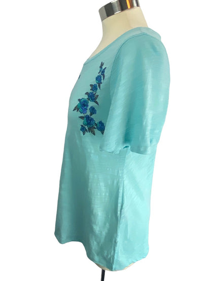 XS DG2 Diane Gilman Turquoise Round Neck Women's Tshirt Blue Rose Embroidered