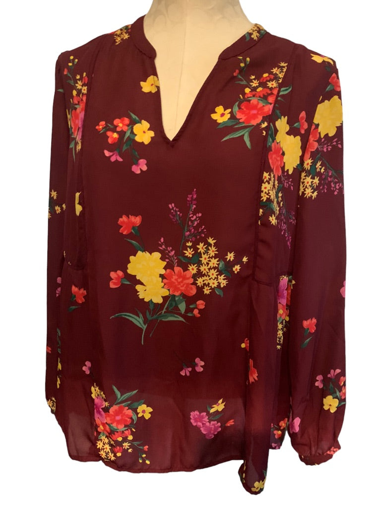 Large Old Navy Sheer Burgundy Floral Women's Pullover Blouse