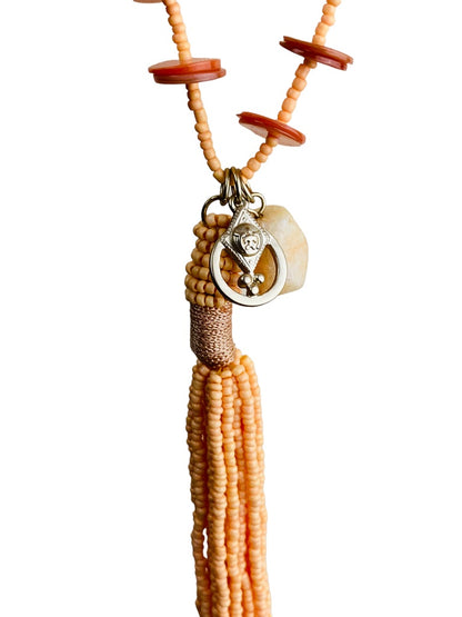 Chico's Orange Seed Bead and Shell Long 37" Necklace with Tassel Pendant