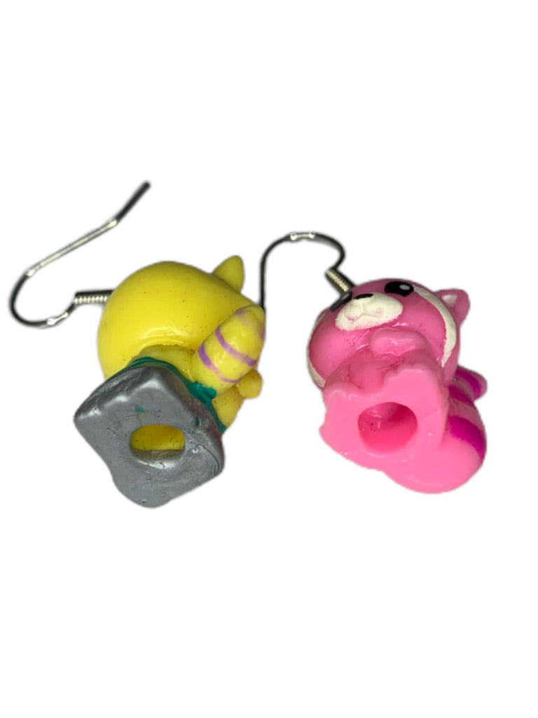 Animal Racoon Figural Earring Pink Yellow 1.5" Drop Dangle Hook Pierced