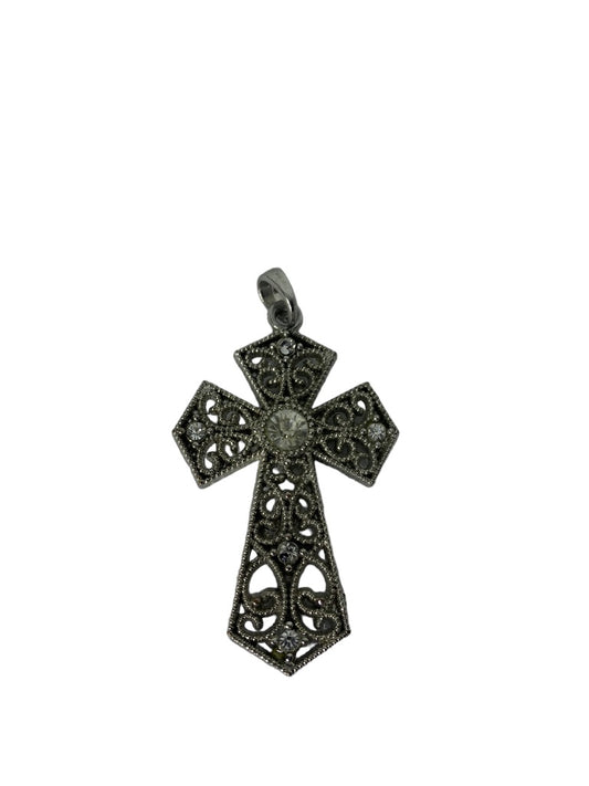 Silvertone 2" Cross Pendant Pierced Design Costume Jewelry