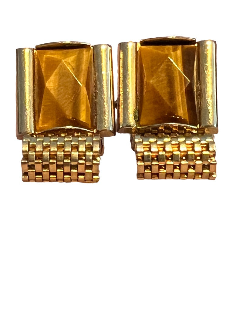 Vintage Tiger’s Eye Wrap Around Mesh Square Goldtone Cufflinks