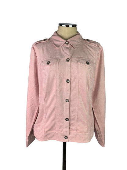 Large Joan Rivers Faux Suede Pink Jacket Button Up Pockets Women's