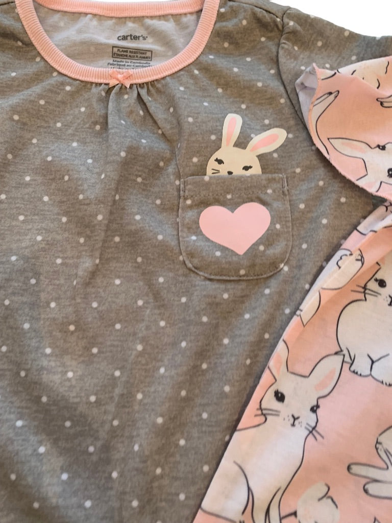 2-3 Carter's Girls Set of 2 New Bunny Nightgowns Easter Pink Gray Short Sleeve