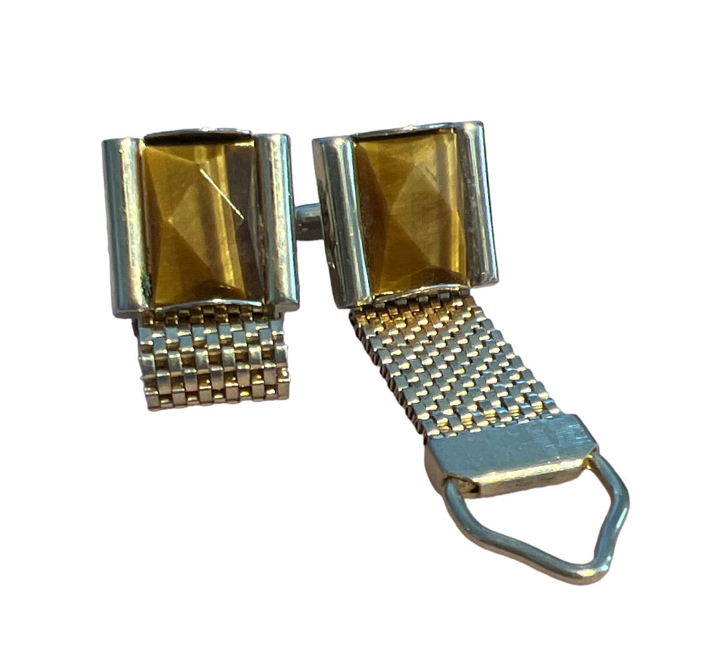 Vintage Tiger’s Eye Wrap Around Mesh Square Goldtone Cufflinks