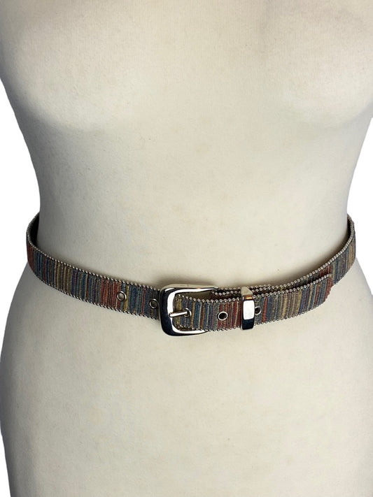 Small Elite Women's 1"w Belt Fabric with Silvertone Beaded Trim Made in USA