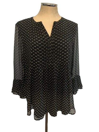 Large Izod Black Print Women's Pullover Blouse Sheer Bell Sleeve