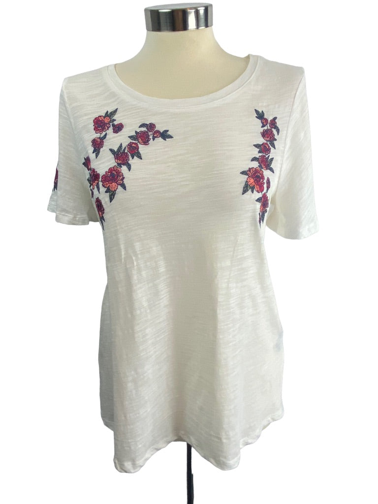 XS DG2 Diane Gilman White Round Neck Women's Tshirt Red Pink Rose Embroidered