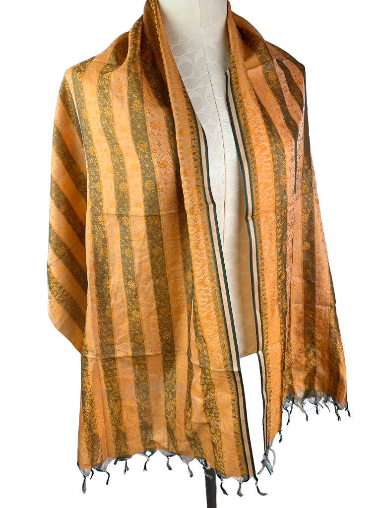 Orange Brown Stripe Fringed Shawl Scarf Lightweight 21" x 67" Floral