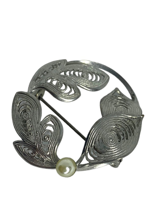 Vintage Leaf Circle Brooch Silvertone "Western Germany" Faux Pearl 1.5" Diameter