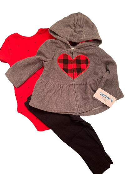 3 Months Carters Infant Girls 3 Piece Outfit Buffalo Plaid Heart New