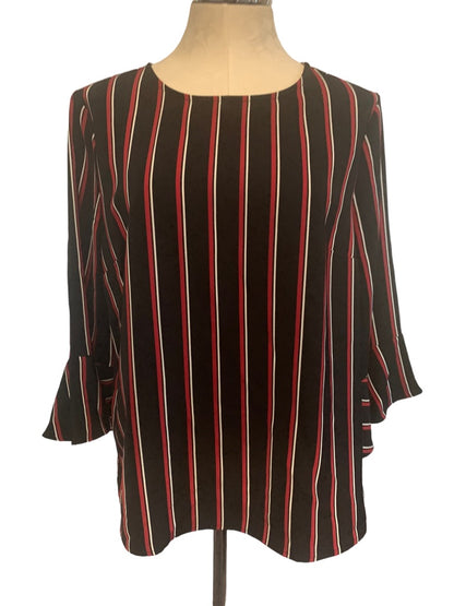 Large Tommy Hilfiger Black Red Striped Pullover Blouse Bell Sleeve