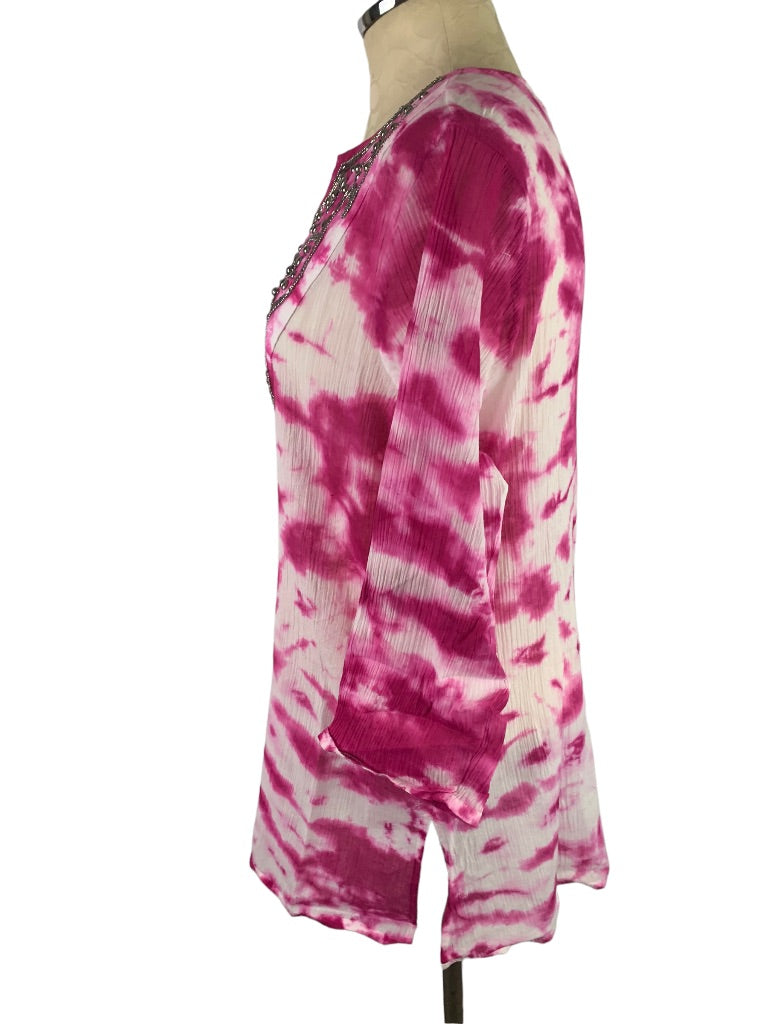 Large OSO Originals Tie Dye Fuschia Tunic New Beaded Neckline Lightweight