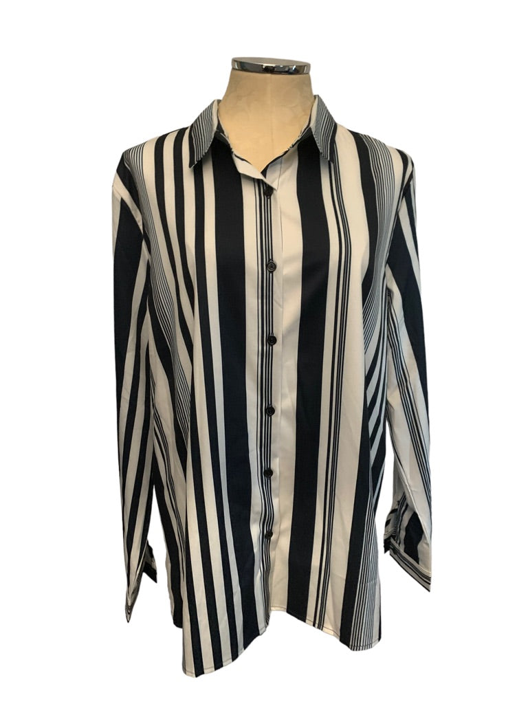 XL Unbranded Women's Button Up Dress Shirt Navy Blue White Vertical Stripe