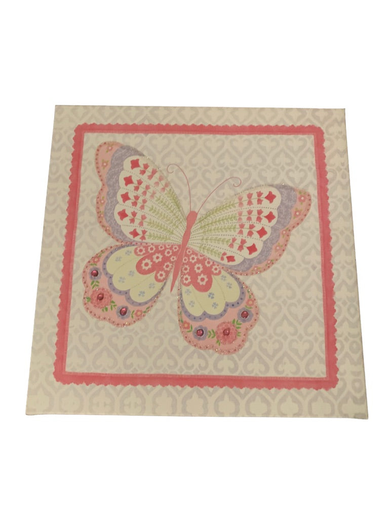 12" Square Butterfly Design Stretched Canvas Colleen Davis Sparkles Pink