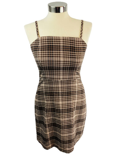 Small GB Women's Brown Plaid Spaghetti Strap Fitted Sheath Dress