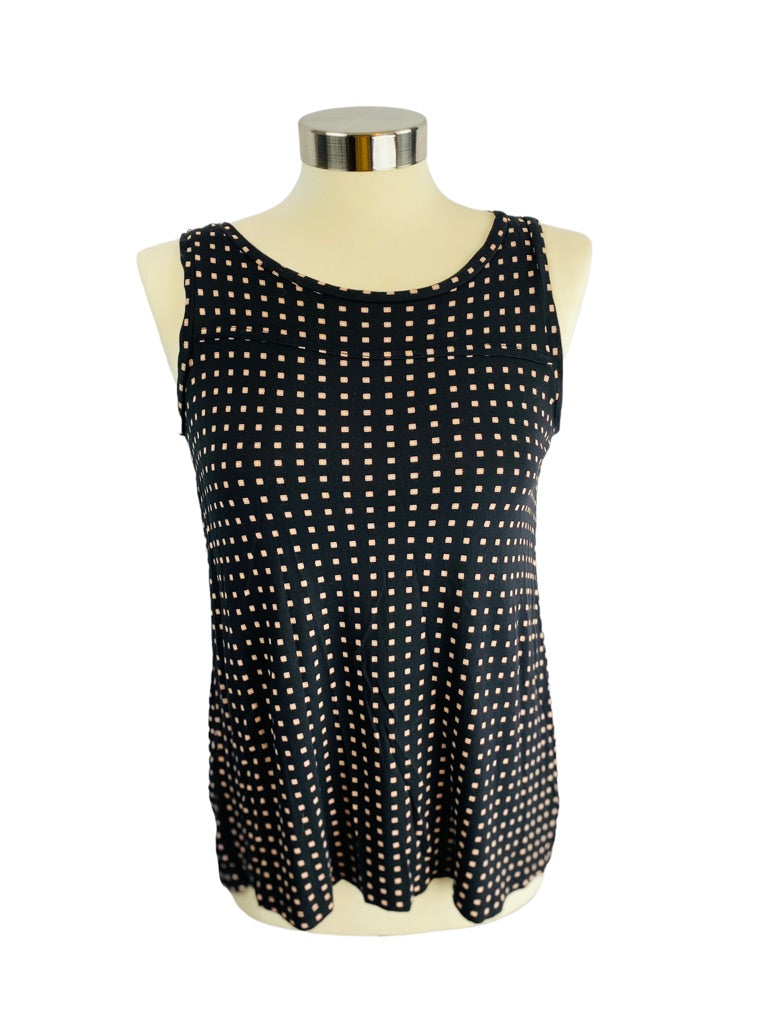 XS LOFT Black Sleeveless Blouse Pink White Geometric Square Print