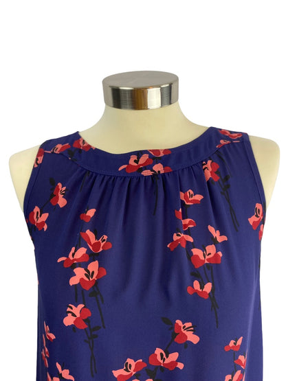 XS LOFT Women's Navy Blue Sleeveless Blouse Slightly Sheer Mauve Floral Print