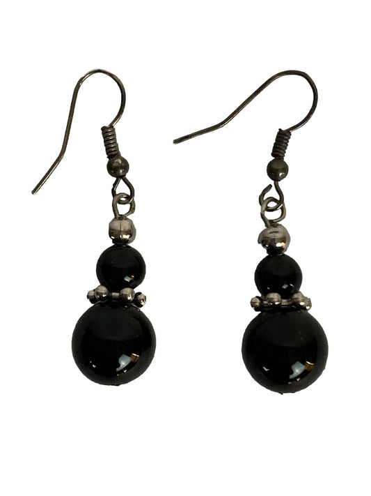 Black and Silvertone Beaded Drop Earrings Hook Pierced 1.5" Dangle