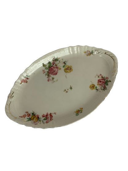 Epiag Czechoslovakia 12" Oval Serving Relish Tray Yellow Pink Roses Gold Trim