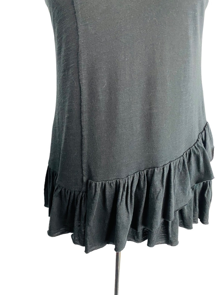 XS DG2 Diane Gilman Black Ruffle Hem Sleeveless Tshirt Tank Tunic Length