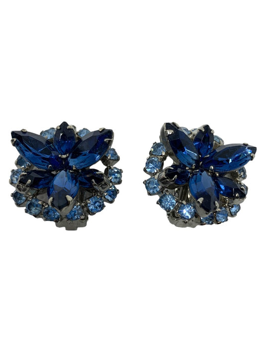 Vintage Blue Rhinestone Clip On Earrings Floral Design 1" Diameter