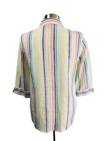 0/2 Petite Chico's Women's Striped Linen Button Up 3/4 Sleeve Shirt Blouse No-Iron