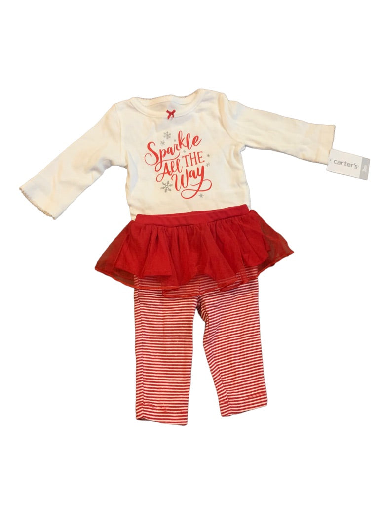 3 Months Carter's Baby 2 Piece Red White Girls Holiday Outfit "Sparkle All the Way"