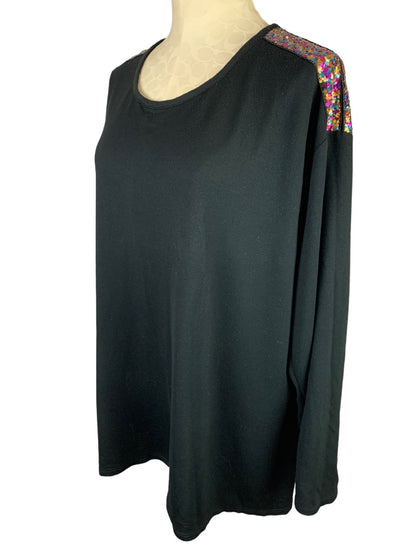 22/24 Lane Bryant Women's Black Jersey Knit Top Multicolor Sequin Shoulders Pullover