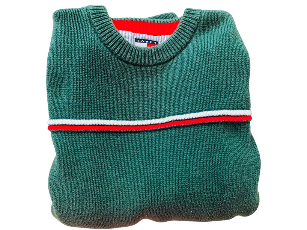 Medium Tommy Hilfiger Green Boy's Youth Cotton Sweater Red White Stripe