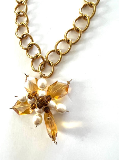 Kenneth Jay Lane Chunky Chain Necklace Flower Star Pendant Goldtone Toggle Clasp 16"