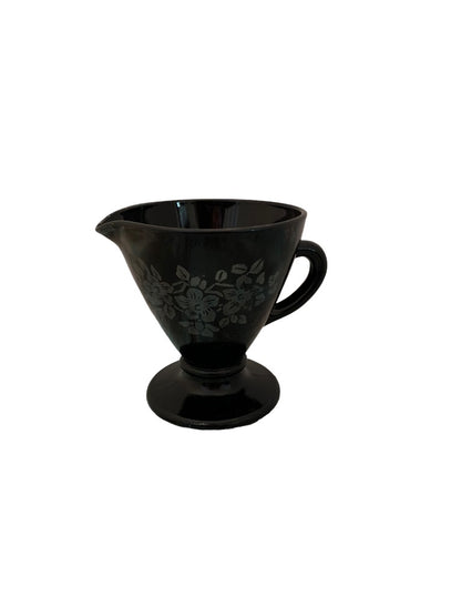 Vintage Black Glass Hazel-Atlas Floral Sterling Pedestal Creamer