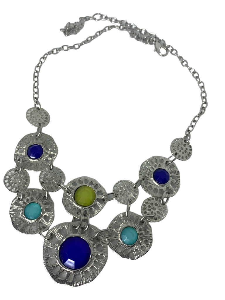 Silvertone 21" Bib Necklace and Stretch Bracelet Jewelry Set Blue Blue Yellow Acrylic