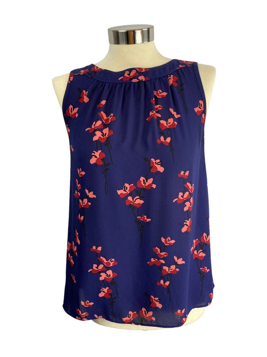 XS LOFT Women's Navy Blue Sleeveless Blouse Slightly Sheer Mauve Floral Print