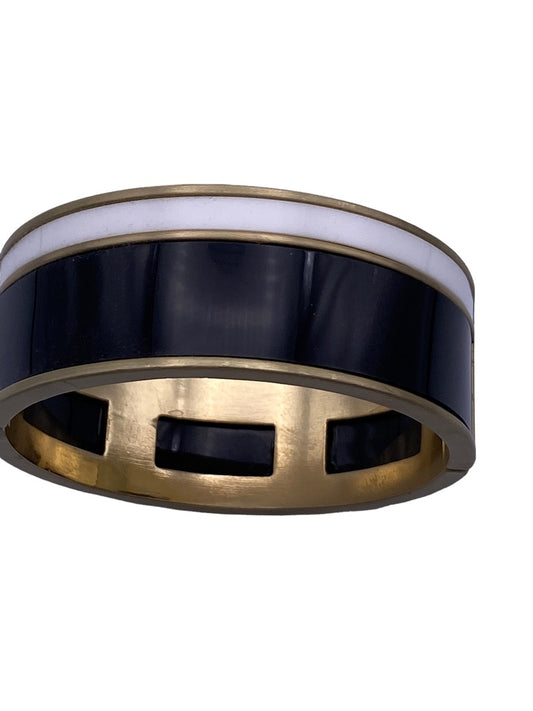 Magnetic Hinged Bangle Bracelet Goldtone with Black White Acrylic Inlays