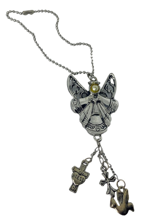 Ganz Angel Car Charm Angel with Dove Cross Charms Silvertone 3 3/4" Chain 4" Adjustable