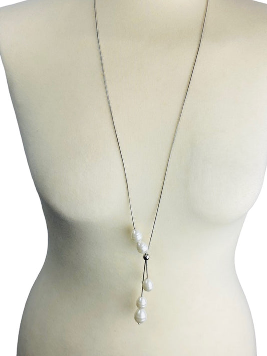 Chico's Adjustable Lariat Style Silvertone Chain Necklace with Faux Freshwater Pearls