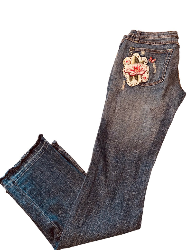 7 ZD Premium Denim Junior Women's Embroidered Floral Jeans Distressed Straight Leg