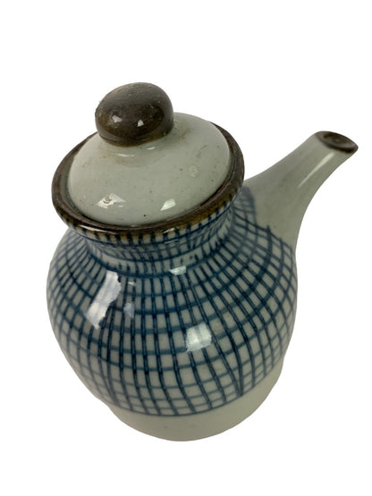 Lidded Soy Sauce Pot Pitcher Ceramic Gray Blue 4"h x 3.5" w