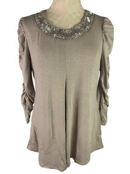 Large Glitterscape Women's New Taupe Beaded Round Neck Jersey Knit Pullover Top