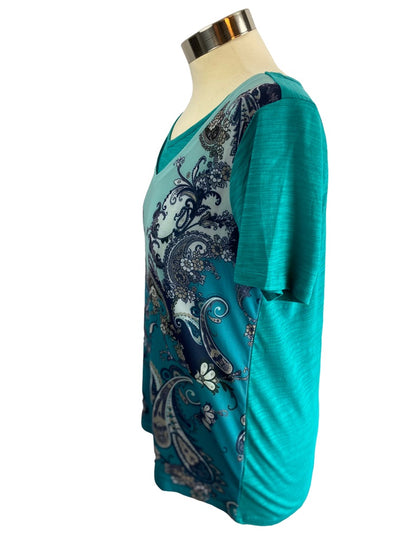 XS DG2 Diane Gilman Women's Teal V-Neck Mesh Paisley Overlay Short Sleeve Tshirt