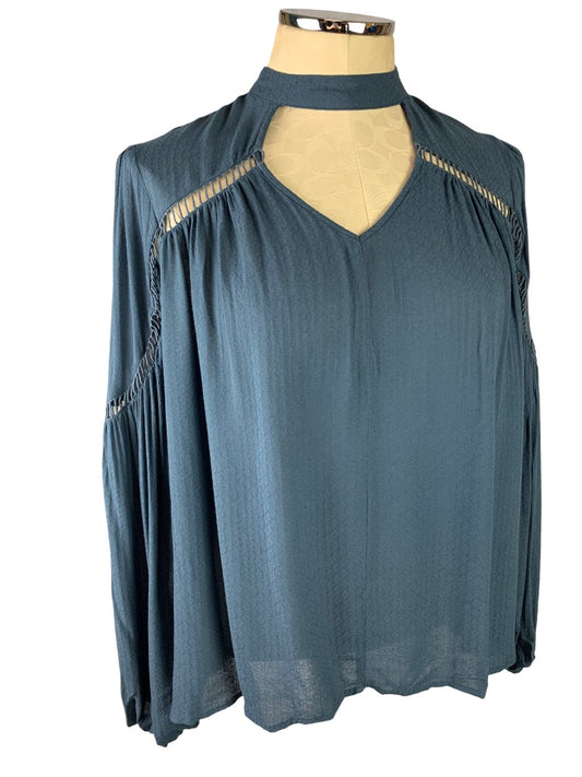 Medium Melrose & Market Blue Pullover Blouse Flowy Keyhole Neckline Boho Style