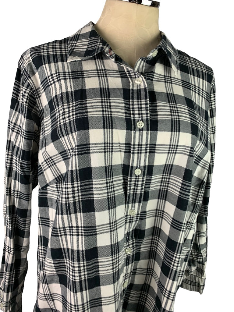 2X Talbots Plus Women's Black White Plaid Button Up Silver Threads