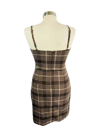 Small GB Women's Brown Plaid Spaghetti Strap Fitted Sheath Dress