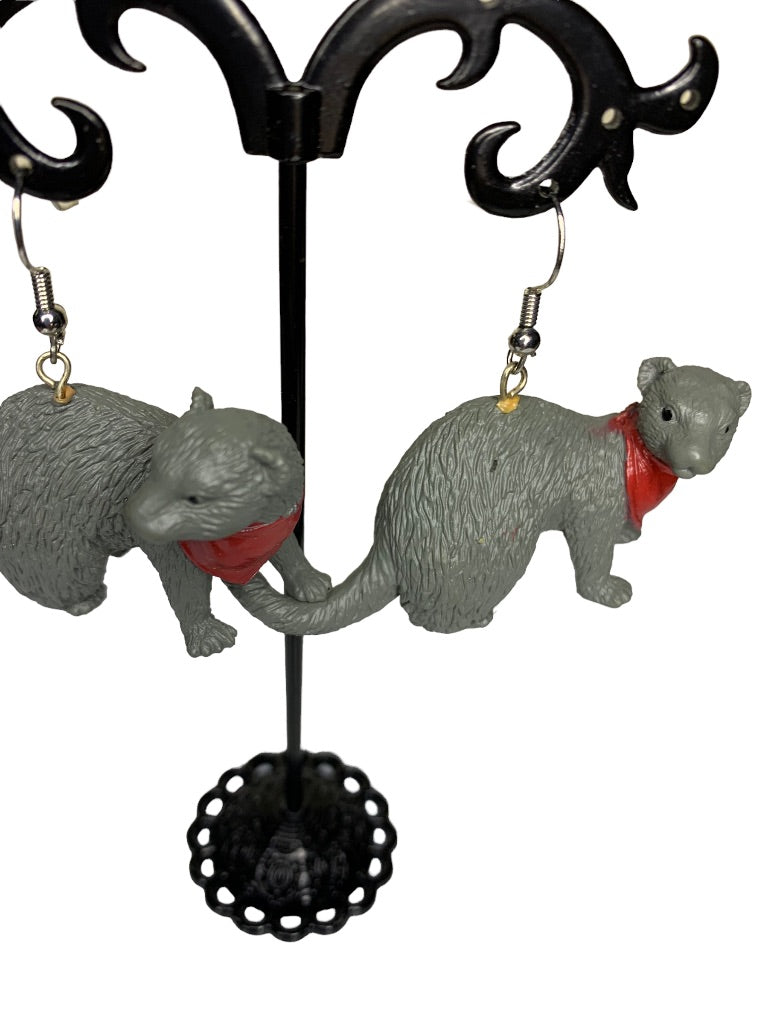 Gray Ferret Plastic Figurine Earrings 2" Drop Dangle Hook Pierced