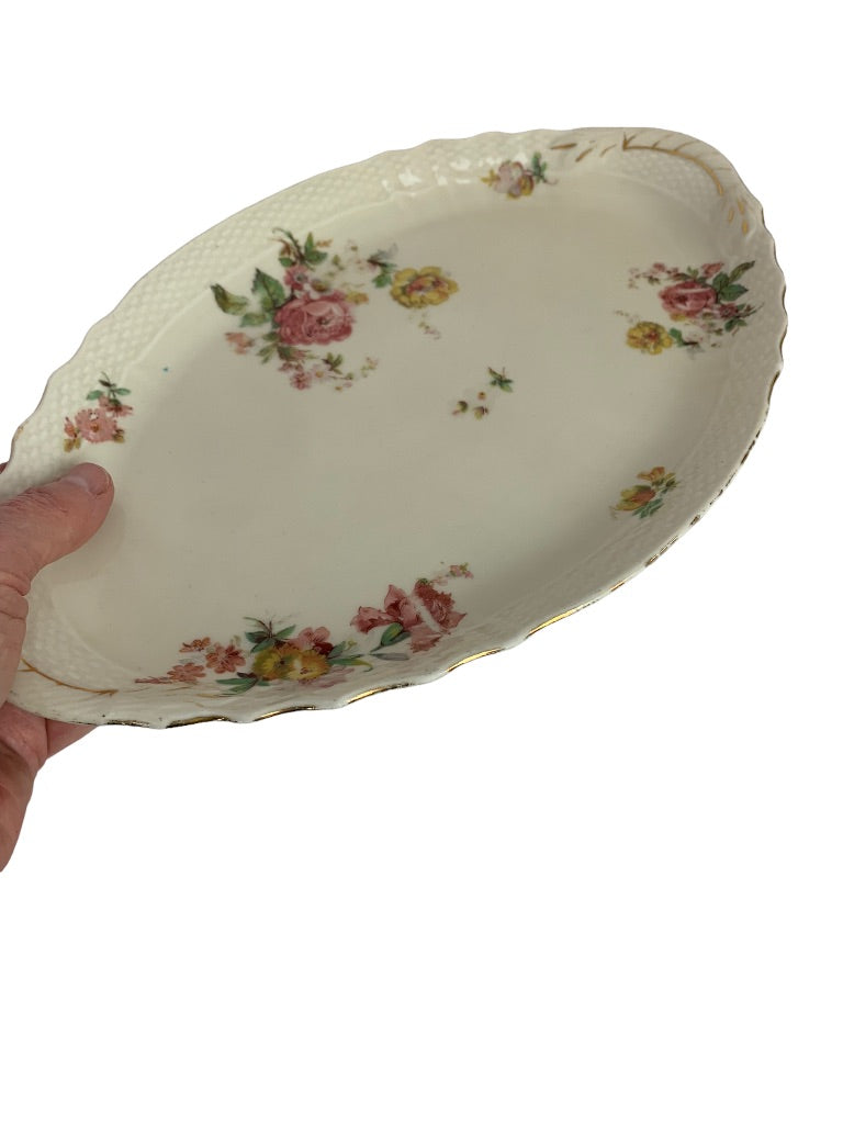 Epiag Czechoslovakia 12" Oval Serving Relish Tray Yellow Pink Roses Gold Trim