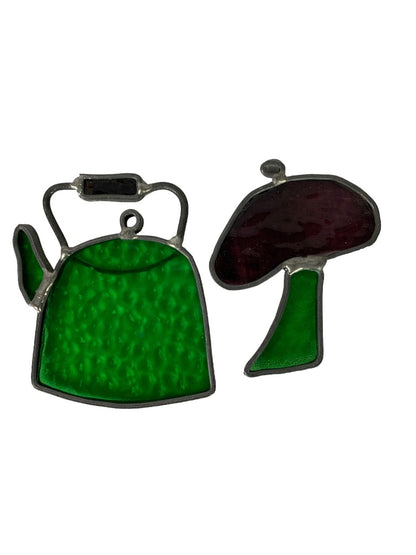 Set of 2 Stained Glass Suncathers Green Brown Purple Tea Kettle Mushroom