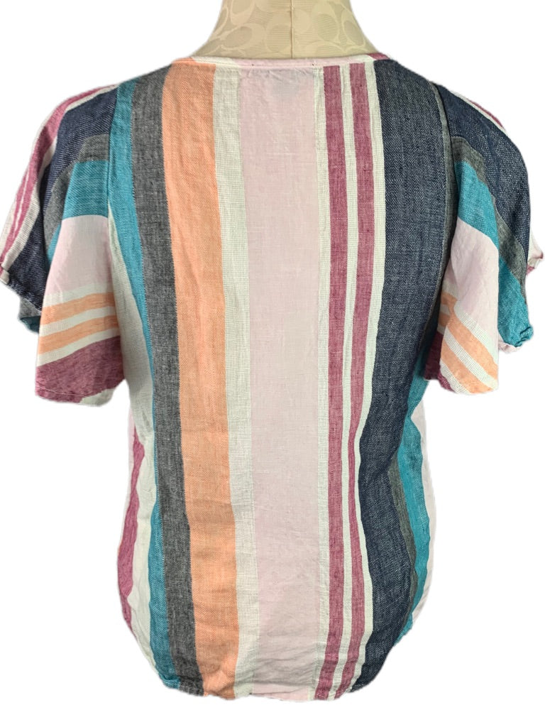 6 J.Crew Mixed Linen Stripe Short Ruffle Sleeve Women's Top Blouse AL091