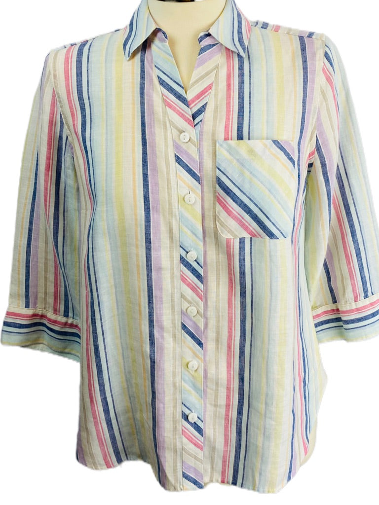 0/2 Petite Chico's Women's Striped Linen Button Up 3/4 Sleeve Shirt Blouse No-Iron