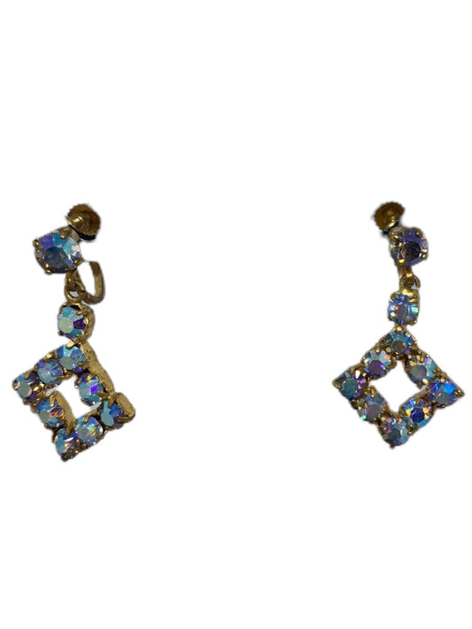 Vintage Signed Screwback Non-Pierced Earrings Blue Aurora Borealis 1.5" drop dangle